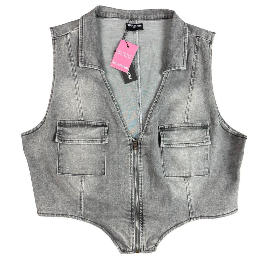 NWT Prettylittlething Women's Faded Gray Zip Denim Vest